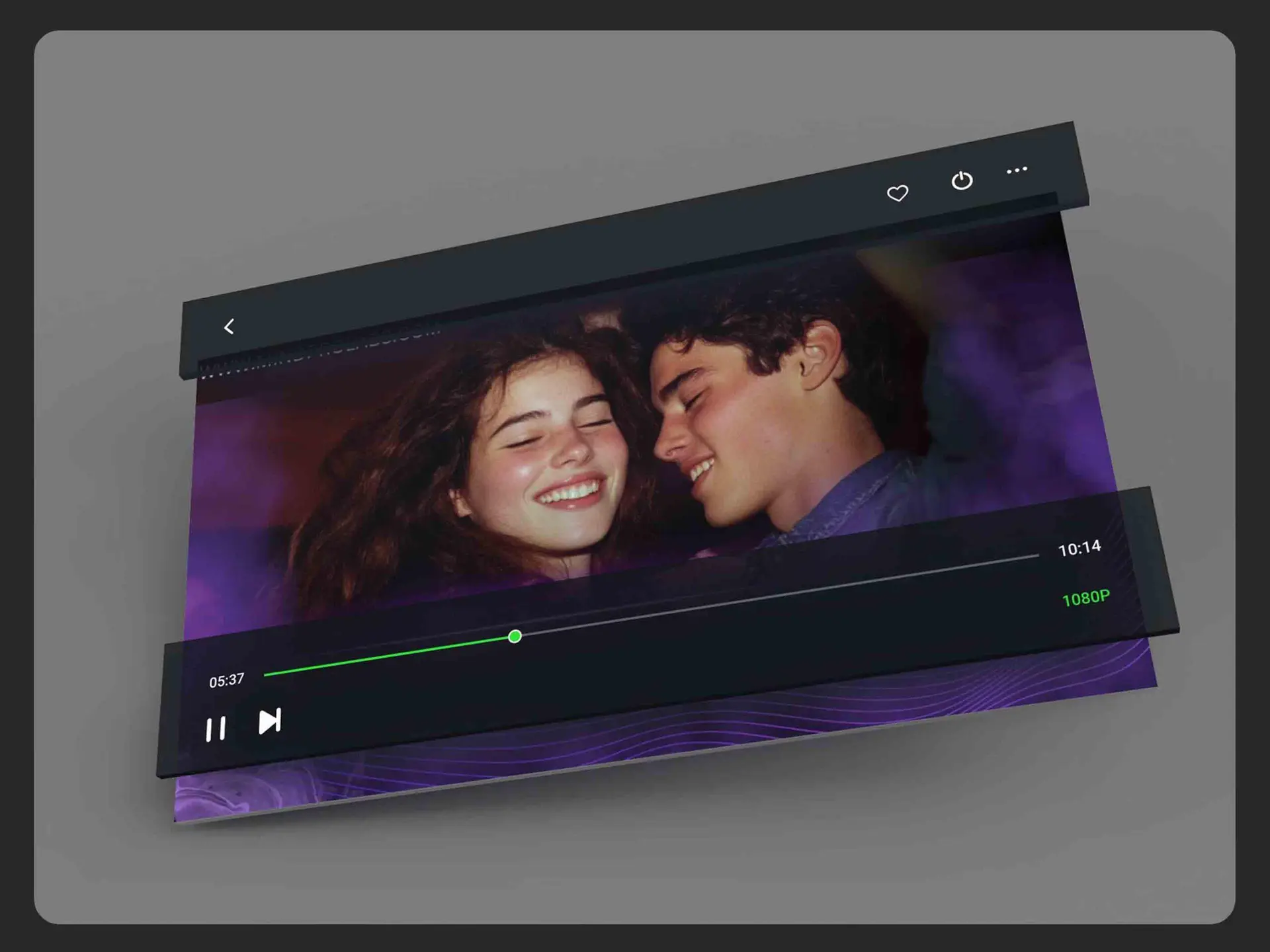 A digital mockup of a video player featuring a young couple with joyful expressions, symbolizing a romantic connection, with a sleek modern interface and a purple-toned aesthetic.