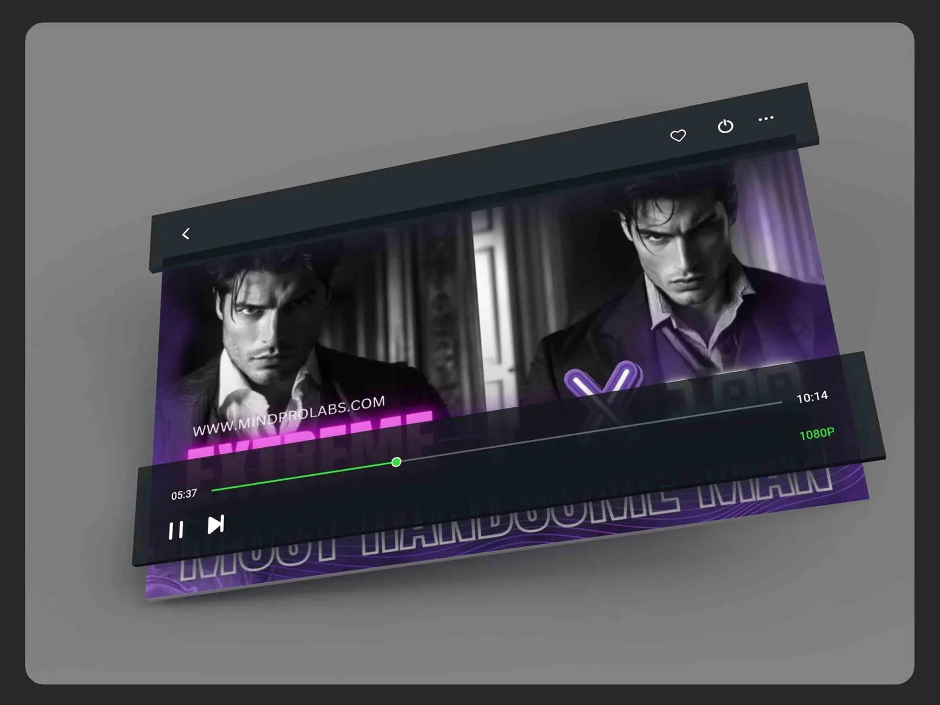 Digital audio player interface showing "Become The Most Handsome Man" subliminal program with a striking black-and-white image of a handsome man and the website MindProLabs.com.