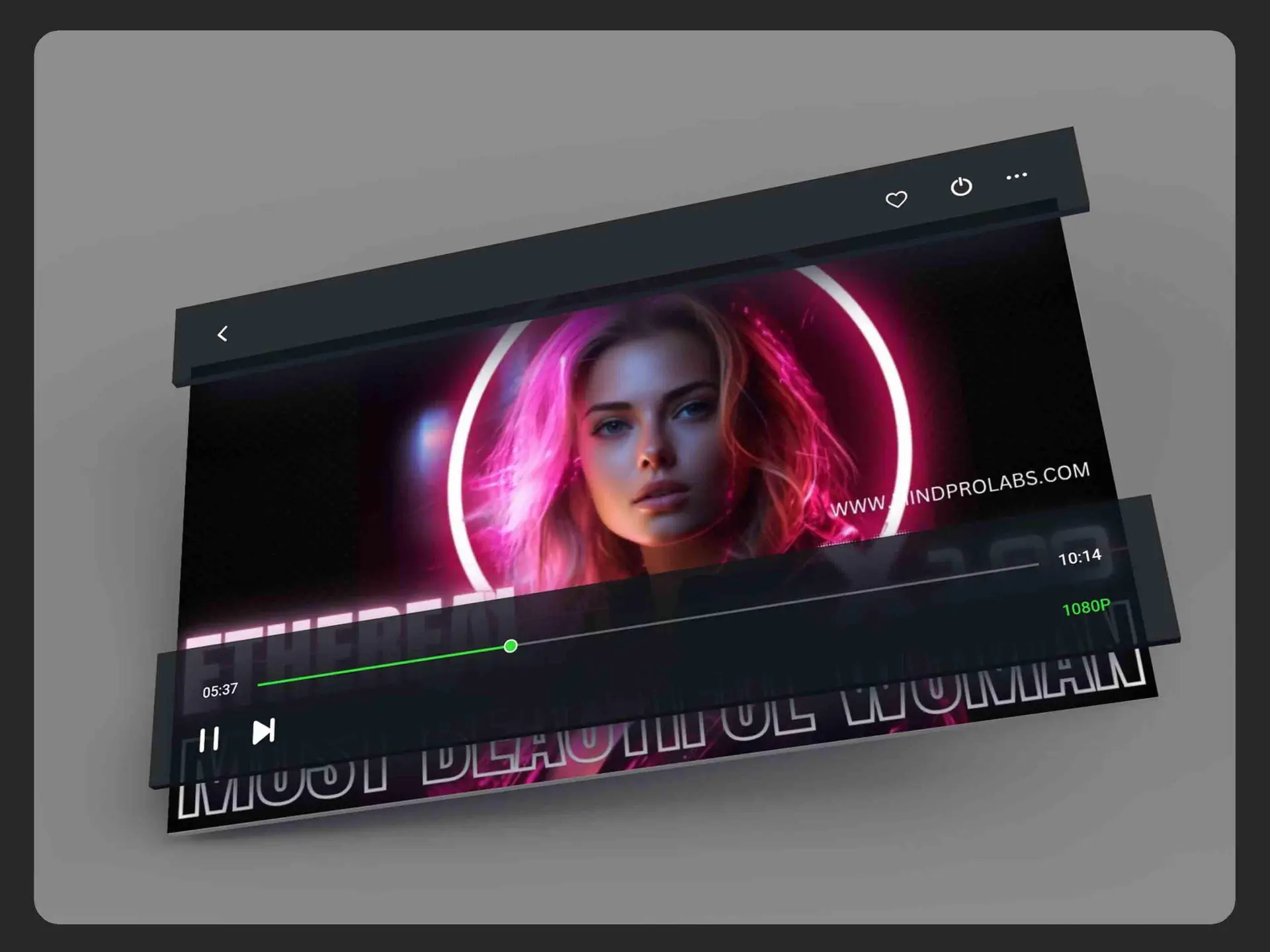 Audio player preview of “Become The Most Beautiful Woman 6.0” subliminal program featuring a digitally enhanced portrait of a woman surrounded by glowing pink neon light.